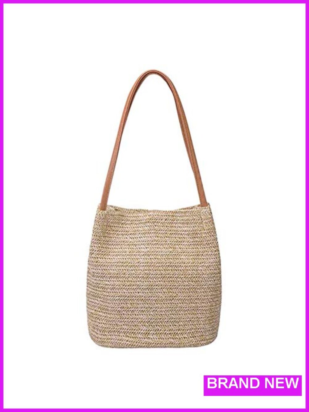 Straw Woven Tote Handbag Shoulder Bag PU Leather Handles